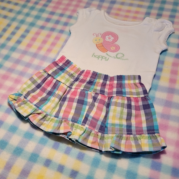GARANIMALS 🌺 2pc Embroidered Bee "HAPPY" Onesie|Multi Color Plaid Mini Skirt NB - Picture 5 of 11